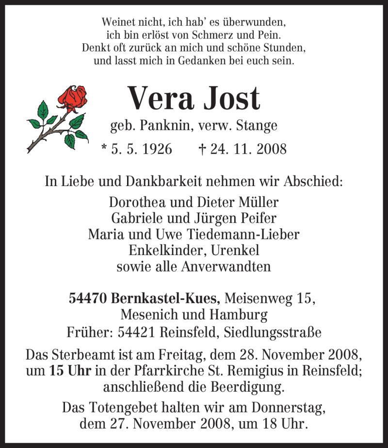 Traueranzeigen Von Vera Jost Volksfreund Trauer De