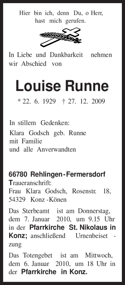 Traueranzeigen Von Louise Runne Volksfreund Trauer De