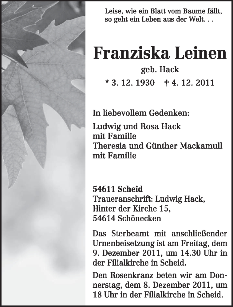 Traueranzeigen Von Franziska Leinen Volksfreund Trauer De