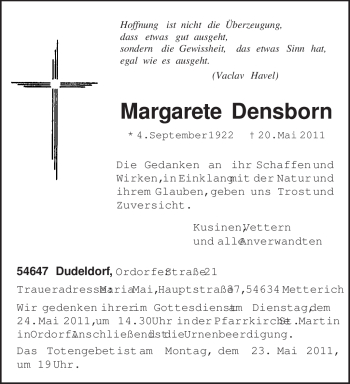 Traueranzeige von Margarete Densborn von TRIERISCHER VOLKSFREUND