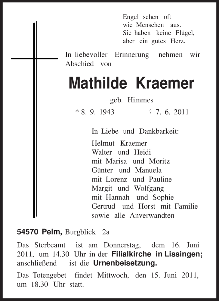 Traueranzeigen Von Mathilde Kraemer Volksfreund Trauer De