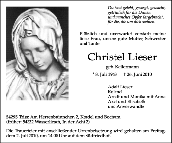 Traueranzeigen Von Christel Lieser Volksfreund Trauer De