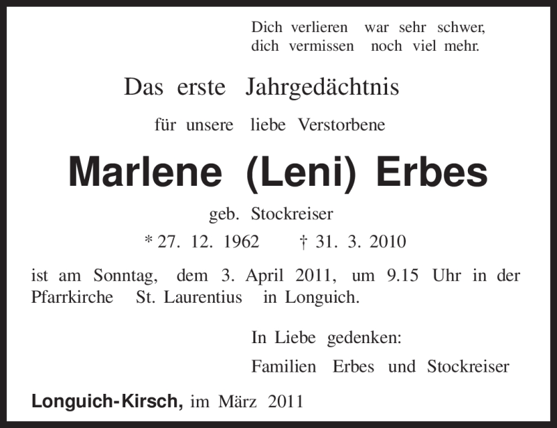 Traueranzeigen Von Marlene Erbes Volksfreund Trauer De