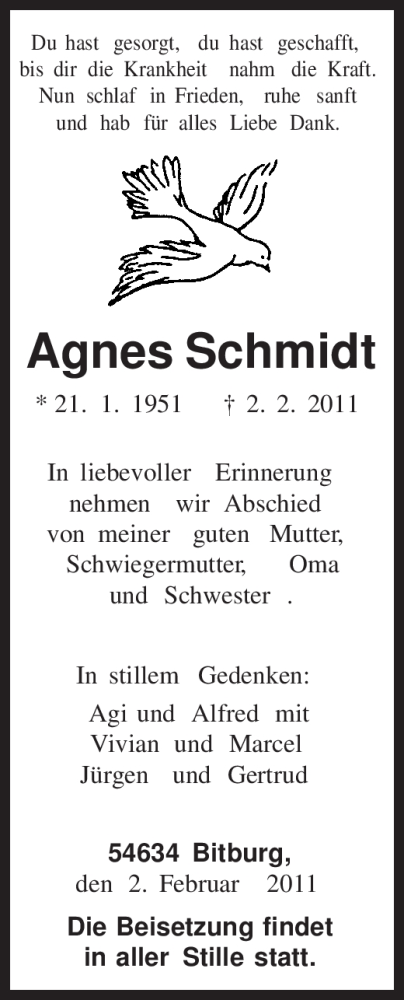 Traueranzeigen Von Agnes Schmidt Volksfreund Trauer De