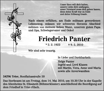 Traueranzeige von Friedrich Panter von TRIERISCHER VOLKSFREUND