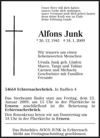 Traueranzeigen Von Alfons Junk Volksfreund Trauer De