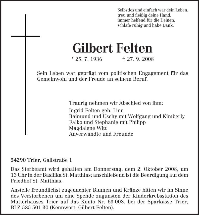  Traueranzeige für Gilbert Felten vom 29.09.2008 aus TRIERISCHER VOLKSFREUND