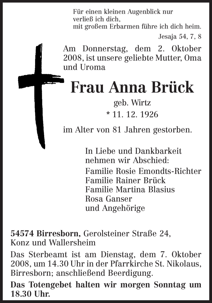 Traueranzeigen Von Anna Br Ck Volksfreund Trauer De