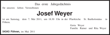 Traueranzeige von Josef Weyer von TRIERISCHER VOLKSFREUND