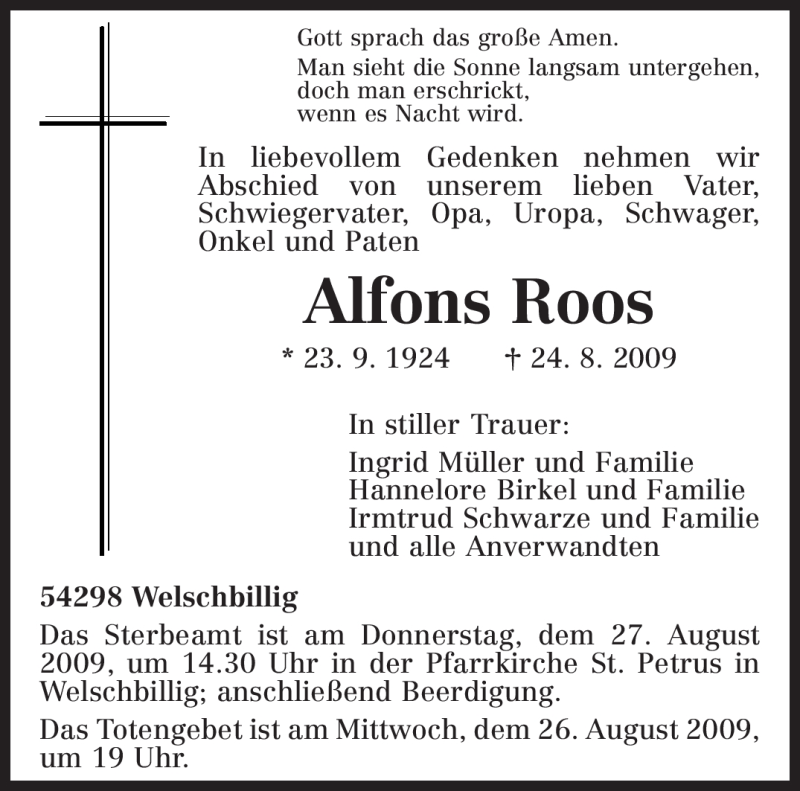 Traueranzeigen Von Alfons Roos Volksfreund Trauer De