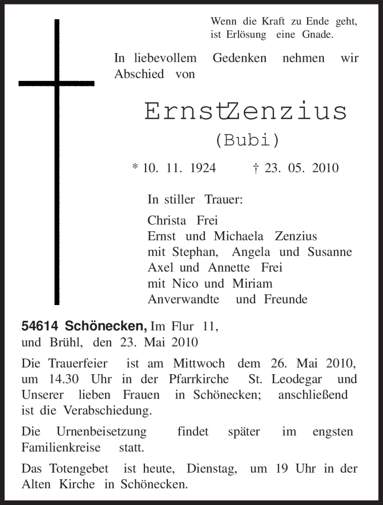  Traueranzeige für Ernst Zenzius vom 25.05.2010 aus TRIERISCHER VOLKSFREUND