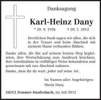 Traueranzeige von Karl-Heinz Dany von TRIERISCHER VOLKSFREUND