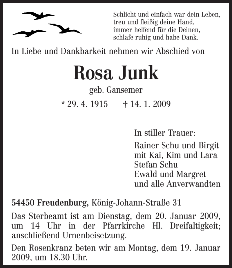 Traueranzeigen Von Rosa Junk Volksfreund Trauer De