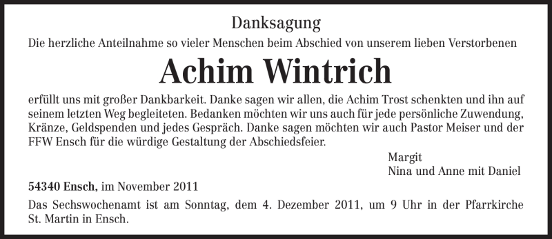 Traueranzeigen Von Achim Wintrich Volksfreund Trauer De