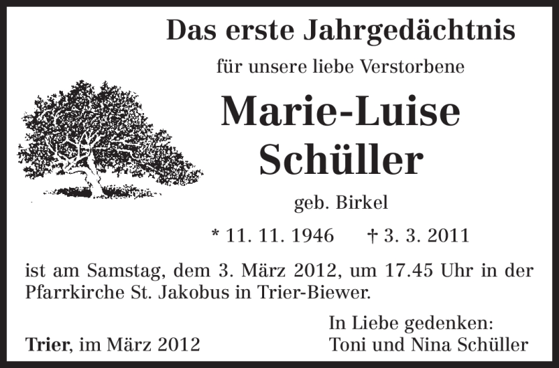 Traueranzeigen Von Marie Luise Sch Ller Volksfreund Trauer De