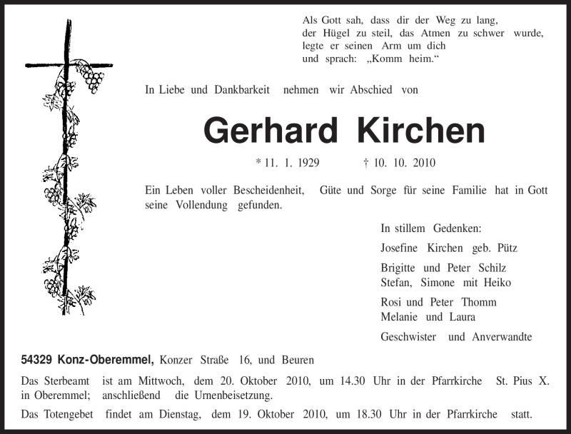 Traueranzeigen Von Gerhard Kirchen Volksfreund Trauer De