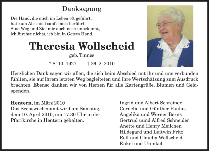 Traueranzeigen Von Theresia Wollscheid Volksfreund Trauer De