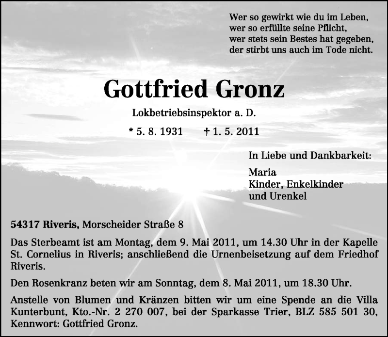 Traueranzeigen Von Gottfried Gronz Volksfreund Trauer De