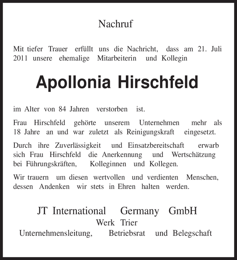 Traueranzeigen Von Apollonia Hirschfeld Volksfreund Trauer De