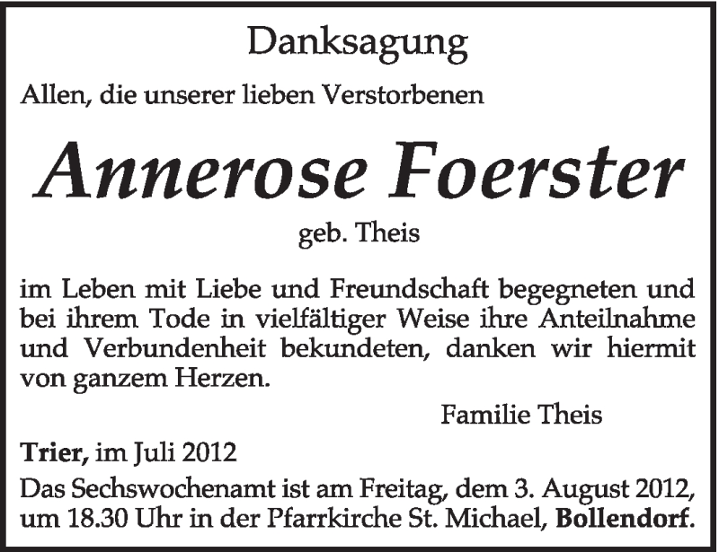 Traueranzeigen Von Annerose Foerster Volksfreund Trauer De