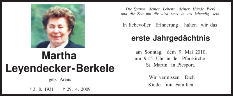 Traueranzeigen Von Martha Leyendecker Berkele Volksfreund Trauer De