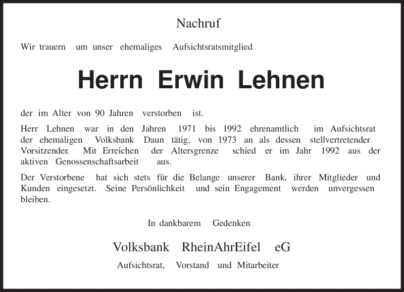 Traueranzeigen Von Erwin Lehnen Volksfreund Trauer De