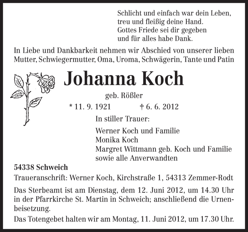 Traueranzeigen Von Johanna Koch Volksfreund Trauer De