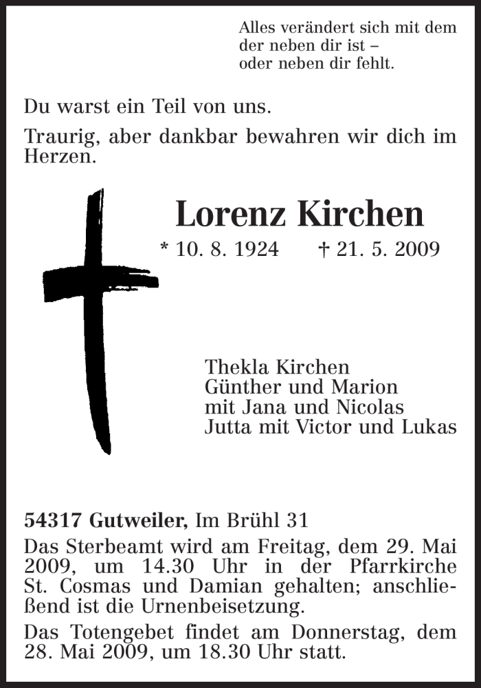 Traueranzeigen Von Lorenz Kirchen Volksfreund Trauer De