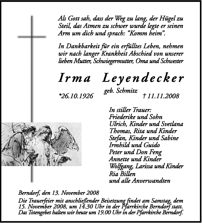 Traueranzeigen Von Irma Leyendecker Volksfreund Trauer De