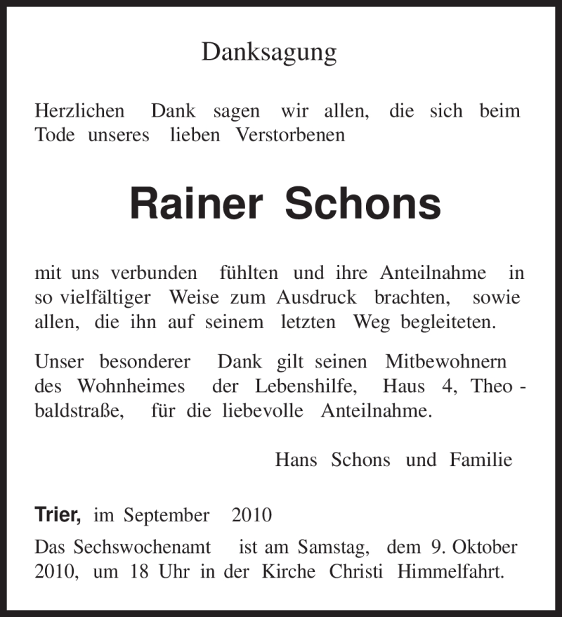 Traueranzeigen Von Rainer Schons Volksfreund Trauer De