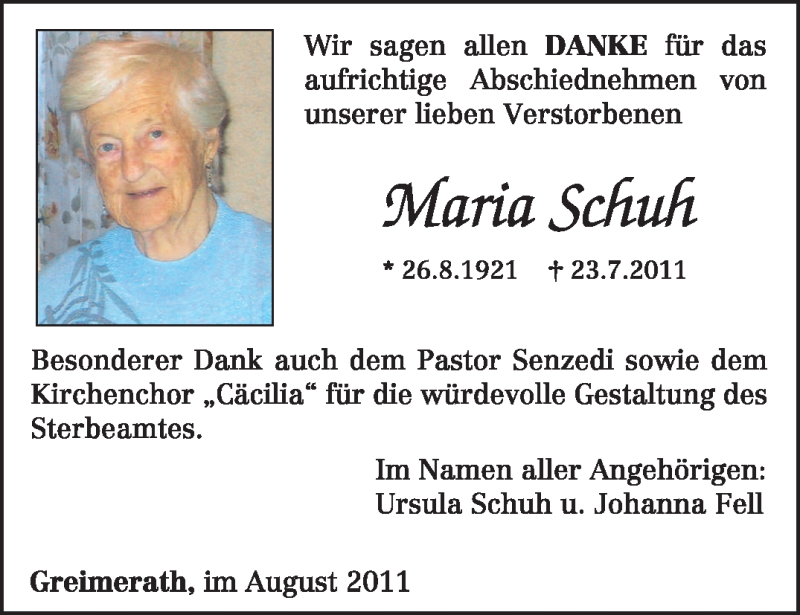  Traueranzeige für Maria Schuh vom 03.09.2011 aus TRIERISCHER VOLKSFREUND