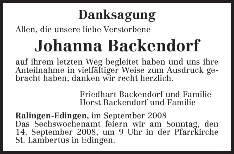 Traueranzeigen Von Johanna Backendorf Volksfreund Trauer De