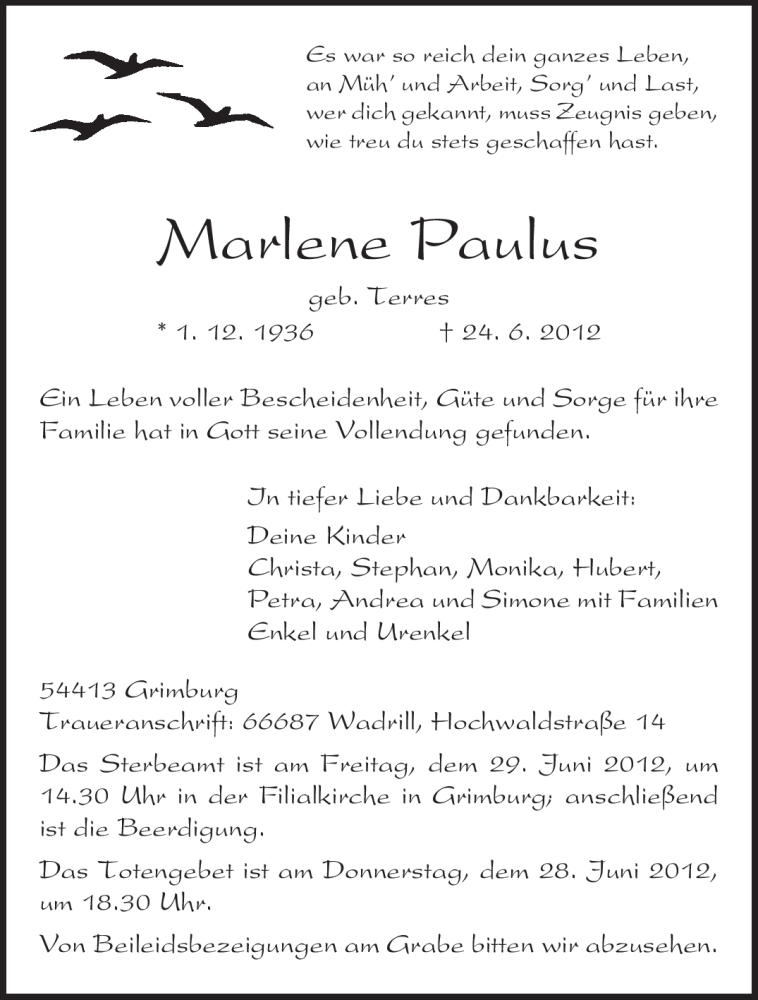 Traueranzeigen Von Marlene Paulus Volksfreund Trauer De