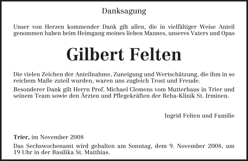  Traueranzeige für Gilbert Felten vom 05.11.2008 aus TRIERISCHER VOLKSFREUND