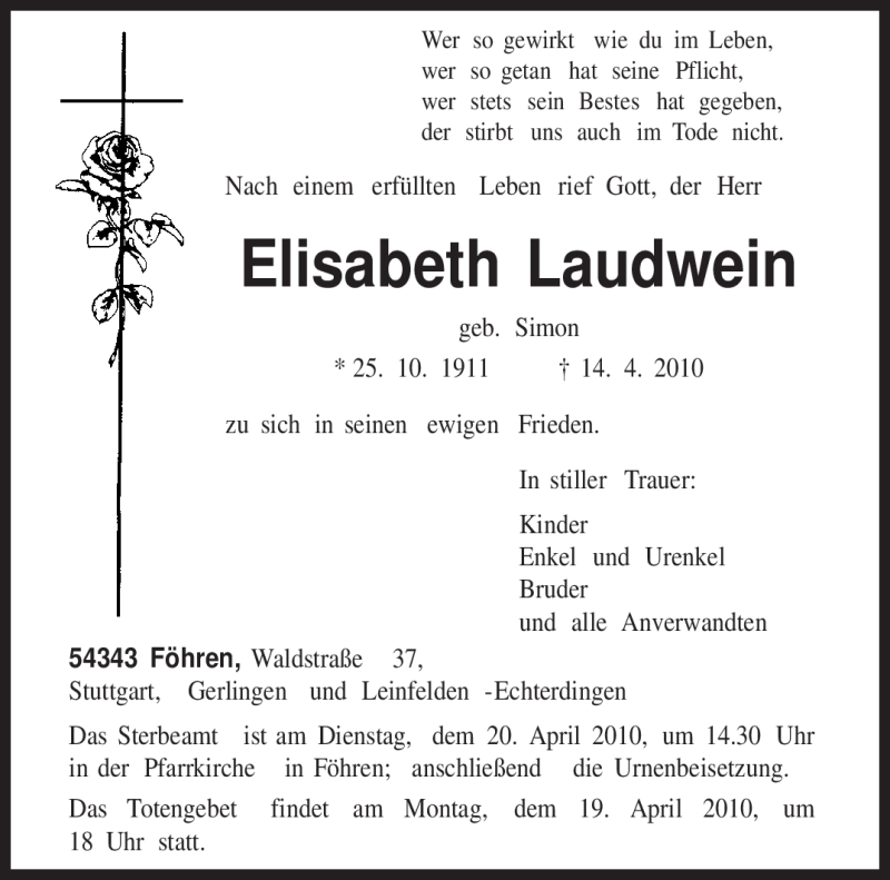 Traueranzeigen Von Elisabeth Laudwein Volksfreund Trauer De