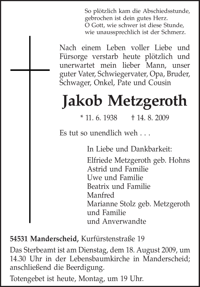 Traueranzeige für Jakob Metzgeroth vom 17.08.2009 aus TRIERISCHER VOLKSFREUND