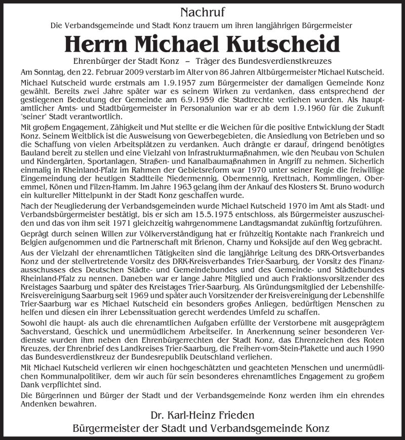  Traueranzeige für Michael Kutscheid vom 26.02.2009 aus TRIERISCHER VOLKSFREUND