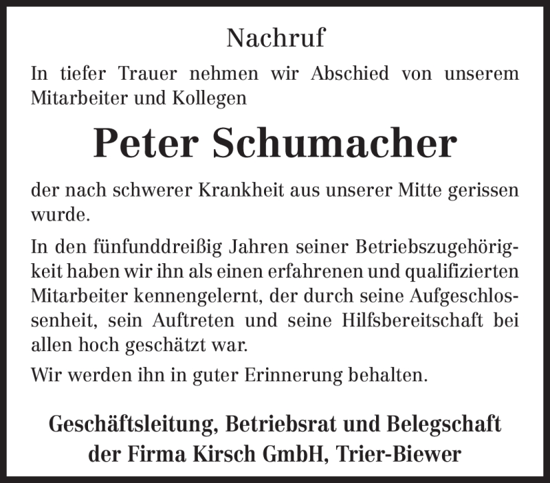 Traueranzeigen Von Peter Schumacher Volksfreund Trauer De