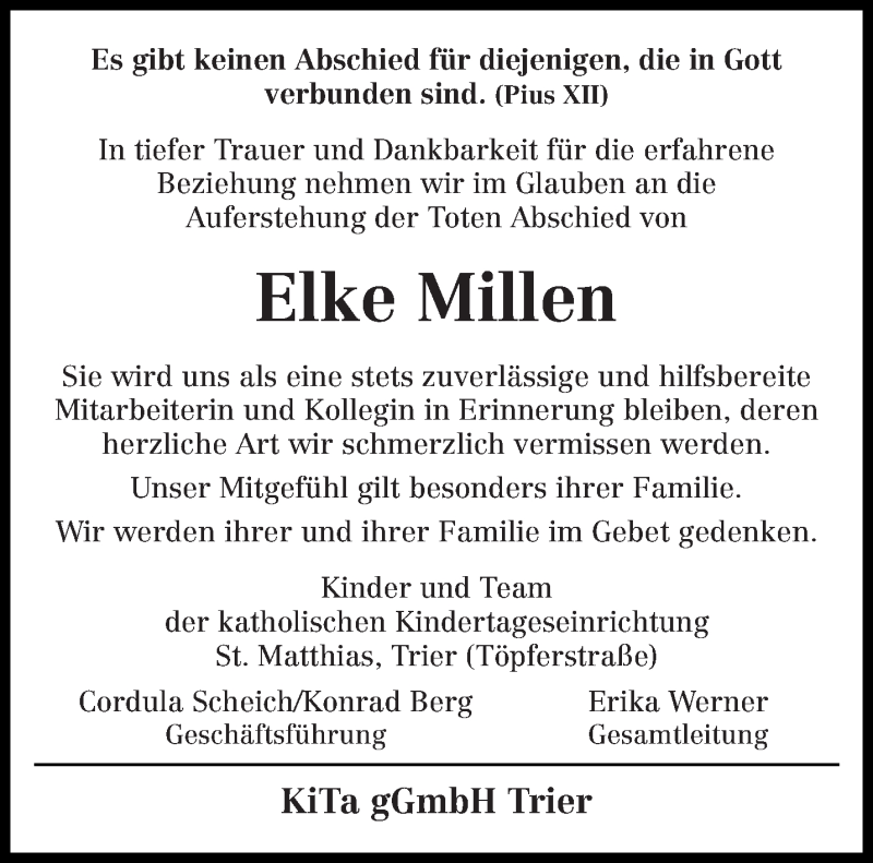 Traueranzeigen Von Elke Millen Volksfreund Trauer De