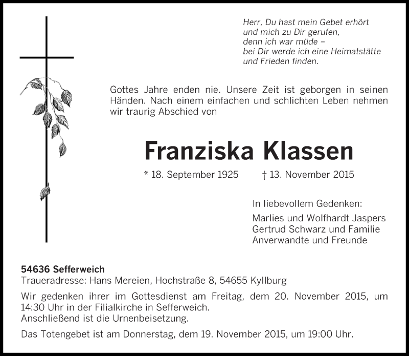 Traueranzeigen Von Franziska Klassen Volksfreund Trauer De