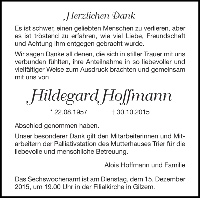 Traueranzeigen Von Hildegard Hoffmann Volksfreund Trauer De