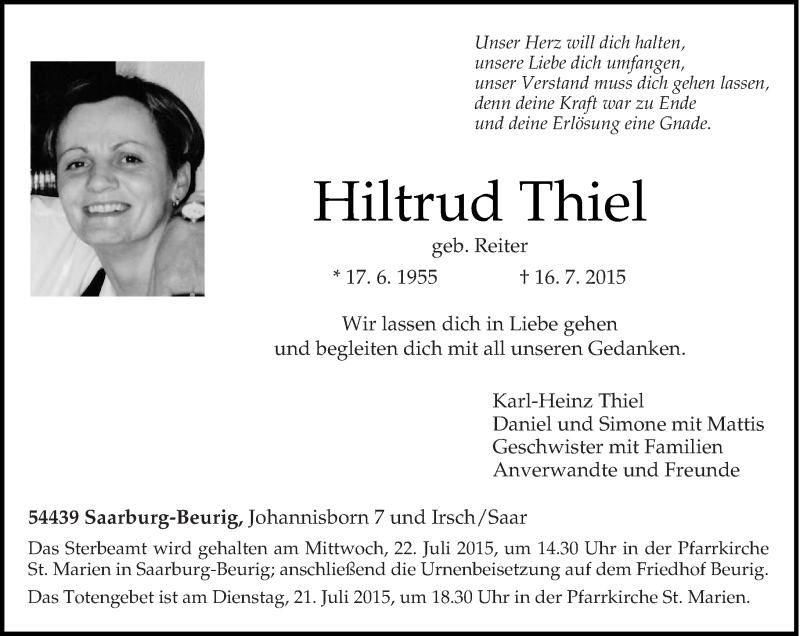  Traueranzeige für Hiltrud Thiel vom 18.07.2015 aus trierischer_volksfreund