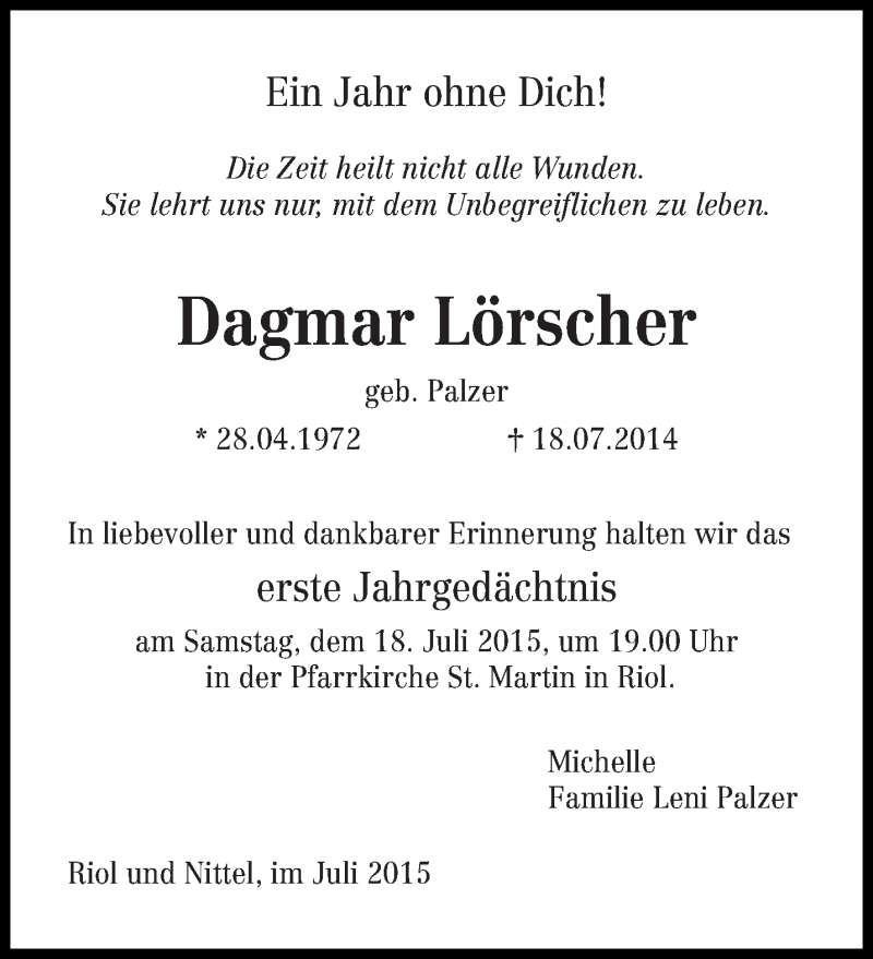  Traueranzeige für Dagmar Lörscher vom 15.07.2015 aus trierischer_volksfreund