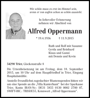 Traueranzeigen Von Alfred Oppermann Volksfreund Trauer De