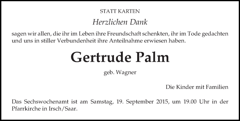 Traueranzeigen Von Gertrude Palm Volksfreund Trauer De