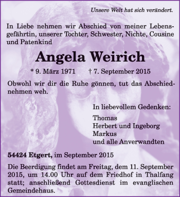 Traueranzeigen Von Angela Weirich Volksfreund Trauer De