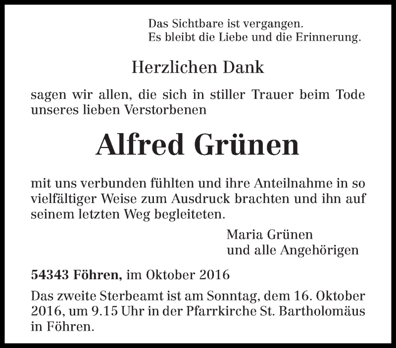 Traueranzeigen von Alfred Grünen Volksfreund Trauer de