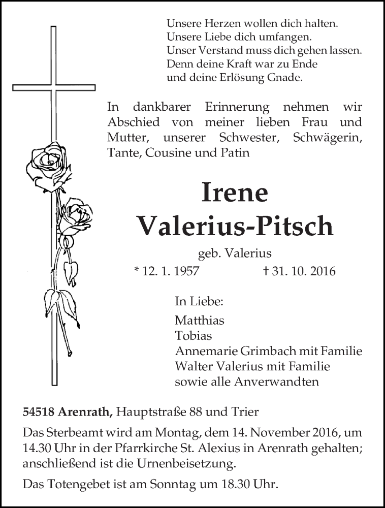 Traueranzeigen Von Irene Valerius Pitsch Volksfreund Trauer De