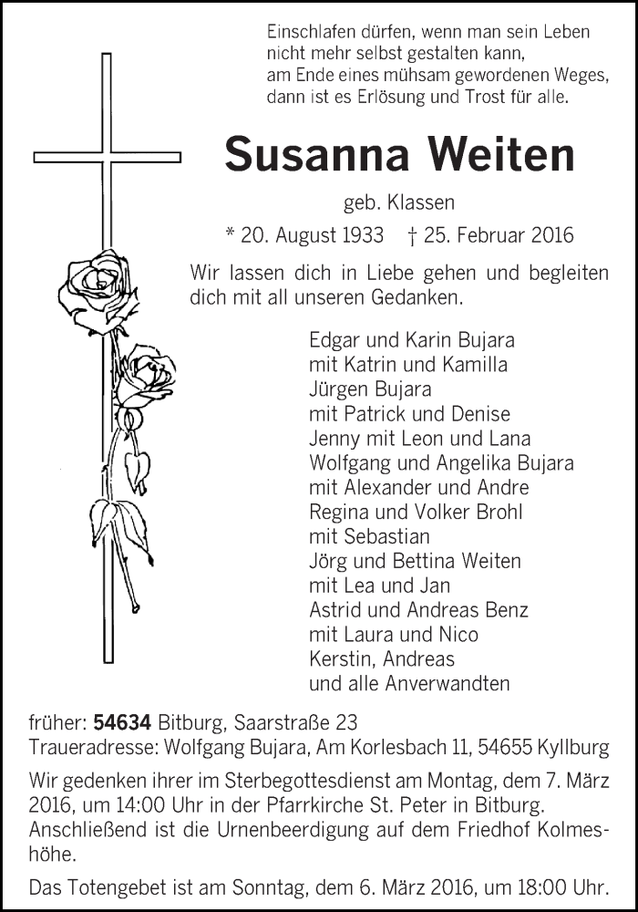 Traueranzeigen Von Susanna Weiten Volksfreund Trauer De