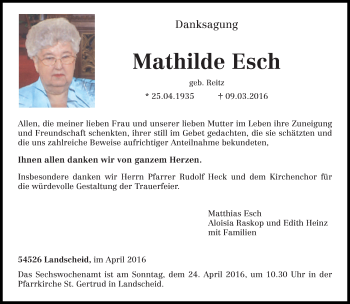 Traueranzeigen Von Mathilde Esch Volksfreund Trauer De